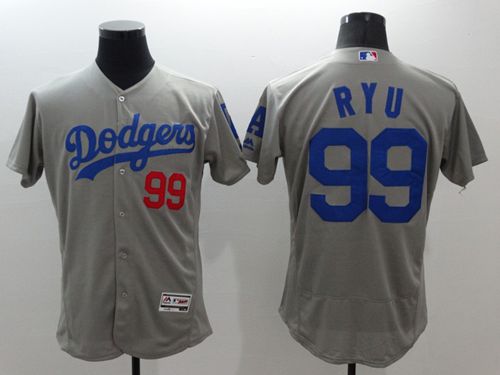 Dodgers #99 Hyun-Jin Ryu Grey Flexbase Authentic Collection Stitched MLB Jersey - Click Image to Close